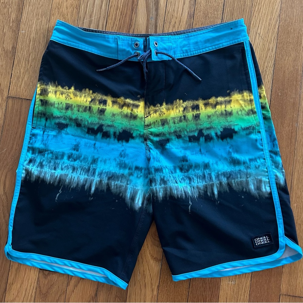 O’Neill Cruzers Swim Shorts. Black, Blue, Yellow & Green Stripe.  Men’s Size 30